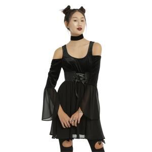 Hot Topic Black Velvet Bell Sleeve Cold Shoulder Dress Corset Faux Leather Small